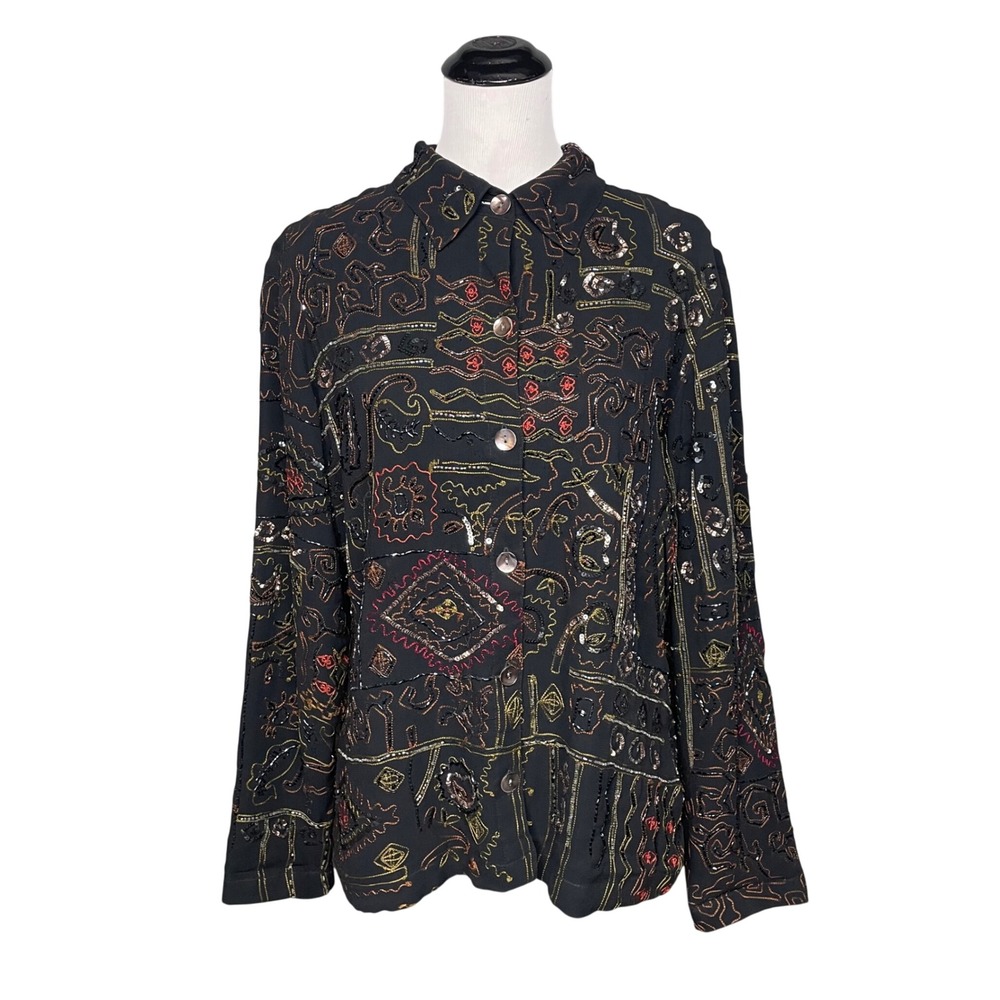 Chicos 2 Embroidered Beaded Sequin Blazer Shacket Artsy Eclectic Tribal Size L